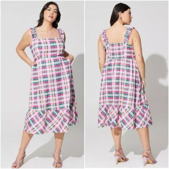 Torrid Poplin Tiered Ruffle Strap Midi Dress Plus Size 3X Plaid Tier Cotton - Picture 1 of 10